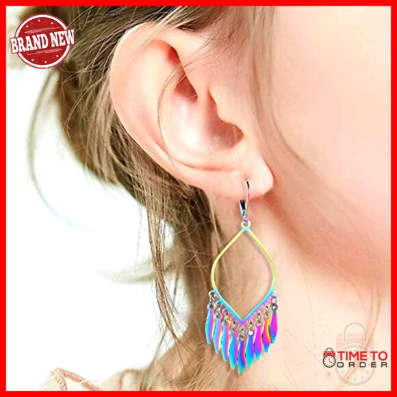 Large Statement Dangle Earrings, Stainless Steel, Lever Back, 74mm - Picture 4 of 7